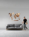 Large size wooden wall map above a sofa
