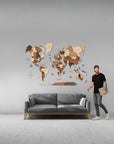 XLsize wooden wall map above a sofa