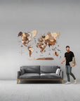 XLsize wooden wall map above a sofa