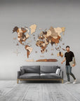 2XL size wooden wall map above a sofa