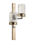 Wall-mounted light fixture with gold finish and clear glass shades on a white background