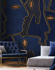 A living room with a blue and gold wall mural featuring Affreschi Season 1 Collection, created using the Fresco technique by Vincenzo D'Alba.