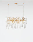Glass droplet chandelier in gold finish on a light grey colour back ground