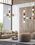 Colourful ceramic suspension lamp in a contemporary theme double height living room from Aromas Del Campo available at Spacio retail stores in Mumbai & Kolkata.