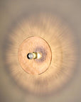 A pink colour textured glass wall light lit up in shape of a disc on a light cream colour background