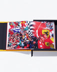 Open book showing images of a crowd and a person with a Ferrari logo on a white background