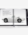 Open book with a white convertible car illustration and text on a white background