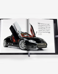 Open book with a black sports car illustration on a white background
