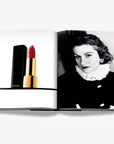 Chanel beauty collection with signature red lipstick and portrait of Gabrielle Chanel, featured in Assouline’s book.
