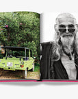 Eclectic images from Ibiza Bohemia by Assouline featuring vintage green car and charismatic portrait, available for purchase at Spacio India.