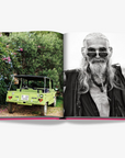 Eclectic images from Ibiza Bohemia by Assouline featuring vintage green car and charismatic portrait, available for purchase at Spacio India.
