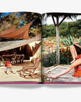 Relaxed, bohemian outdoor living spaces and elegant beachwear fashion imagery from Assouline’s Ibiza Bohemia coffee table book, available at Spacio India.