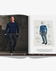 Open book showing a portrait of a person in a blue sweater and gray pants, with a design sketch on the right.