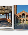 A vintage tram interior with wooden panels and curved glass windows and the historic Basilica di Sant'Ambrogio in Milan with its Romanesque architecture on a double spread in a luxurious Assouline Milan Chic coffee table book, showcasing Milan’s timeless elegance, now available at Spacio India’s online store and retail outlets.