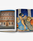 A historic Italian building with ornate windows and a balcony and a colorful mosaic depicting a classical scene of a woman cutting a man's hair on a double spread in a luxurious Assouline Milan Chic coffee table book, showcasing Milan’s timeless elegance, now available at Spacio India’s online store and retail outlets.