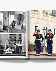 A double spread blend of historical and modern Monaco. The left page features vintage black-and-white photographs of Princess Grace, capturing her elegant life. The right page presents a vibrant image of the Palace Guards performing a ceremonial drill at the Prince's Palace of Monaco in a luxurious Assouline's Monte Carlo coffee table book, featuring a vibrant cover with images of Monaco's iconic landmarks, available at Spacio India.