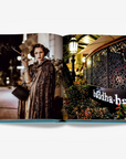 A double spread of Glamorous woman in vintage attire with a cigarette & Buddha-Bar in a luxurious Assouline's Monte Carlo coffee table book, featuring a vibrant cover with images of Monaco's iconic landmarks, available at Spacio India.