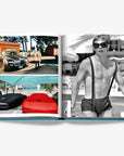 Double spread with a luxury cars, and stylish swimwear in a luxurious Assouline's Monte Carlo coffee table book, featuring a vibrant cover with images of Monaco's iconic landmarks, available at Spacio India.