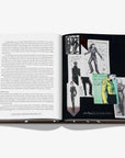 Open book with text on one page and images of people on the other, on a white background.