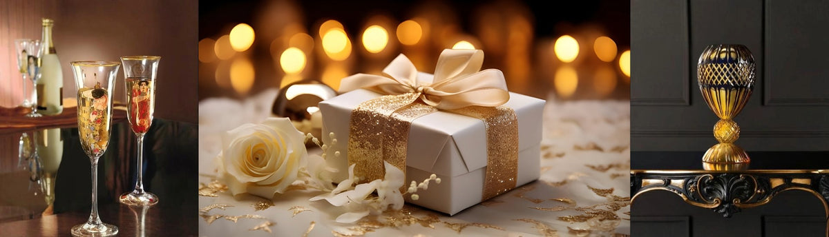 Three images: champagne glasses, a gift box with a rose, and a decorative item - luxury wedding gifts