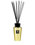 Baobab Aurum Diffuser 500ml featuring elegant gold glass bottle and black diffuser reeds, a luxury home fragrance available at Spacio India retail stores and online.