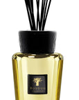 Close-up of the Baobab Aurum Diffuser 500ml with embossed black cap and gold glass finish, showcasing the premium craftsmanship offered by Baobab Collection, now at Spacio India.