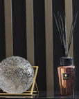 Baobab Cyprium Diffuser 500ml stylishly displayed beside a decorative glass sphere against a contemporary striped backdrop, creating a luxurious atmosphere; discover at Spacio India.
