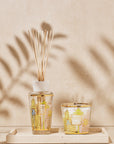 Baobab Miami My First candle and diffuser elegantly displayed on beige tray, glass design depicting Miami cityscape with a crisp fragrance of cypress and maritime pine, exclusively at Spacio India