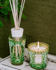 Close-up of Baobab Tomorrowland gift set featuring floral glass design with lily of the valley and moss fragrance, Spacio India