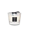 Close-up of Baobab White Pearls Candle Max 10 in marbled glass with elegant white musk and freesia fragrance, available at Spacio India.