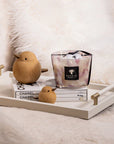 Lifestyle image of Baobab White Pearls Candle Max 10 alongside decorative wooden birds, available in-store and online at Spacio India.