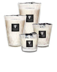 Collection of Baobab White Pearls Candles in multiple sizes, featuring glass jars with floral scent, available at Spacio India.