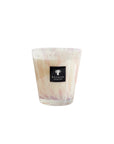 Baobab White Pearls Candle Max 16 in artistic white glass, featuring floral notes of white musk and freesia, available at Spacio India.