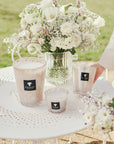 Baobab White Pearls scented candles arranged on a garden table, blending natural luxury and delicate scent – available at Spacio India.