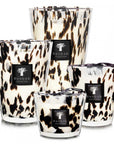 Collection of Baobab Black Pearls Candles in various sizes, showcasing unique patterned glass design, ideal for upscale home decor. Shop at Spacio India.