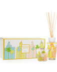 Baobab Miami Gift Set packaging alongside glass candle and diffuser decorated with Miami’s vibrant city skyline, aromatic maritime pine and cypress fragrance, sold at Spacio India
