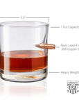 Glass with a bullet inside, filled with liquid, on a white background with measurements and text.