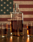 Clear whiskey glass decanter and two whiskey glasses with American flag design against an American flag background