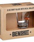 Benshot 2 oz shot glass with real bullet in a cardboard box