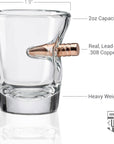 Glass shot glass with a bullet design, labeled for capacity and material, on a white background.