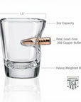 Glass shot glass with a bullet design, labeled for capacity and material, on a white background.