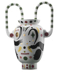 Decorative vase with colorful patterns and striped handles on a white background from Bosa available at Spacio retail stores in Mumbai & Kolkata.