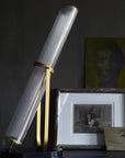 La Lampe Frechin table lamp by DCW Editions with brass detailing styled on a table next to a photo frame.