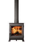 A dark gray cast iron wood-burning stove with a visible fire inside the glass front door, featuring a tall matching chimney pipe, shown against a solid white background.