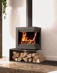 Wood burning fireplace in a luxury contemporary interior