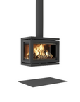A modern black metal wood-burning stove with a visible fire inside, shown against a plain white background with a matching black floor mat below.