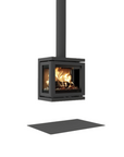 A modern black freestanding wood-burning stove with a visible fire inside, shown with a matching black chimney pipe extending upward and a rectangular hearth plate below, on a plain white background.