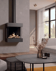 Modern hanging gas fireplace in a contemporary interior