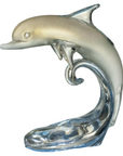 Dolphin Baby On The Wave White & Gold crystal sculpture by Duccio Di Segna – a luxury centerpiece available at Spacio India, crafted in elegant crystal.