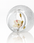 Diamond cut crystal sculptural vase containing a decorative flower on a white background from Duccio Di Segna available at Spacio retail stores in Mumbai & Kolkata.